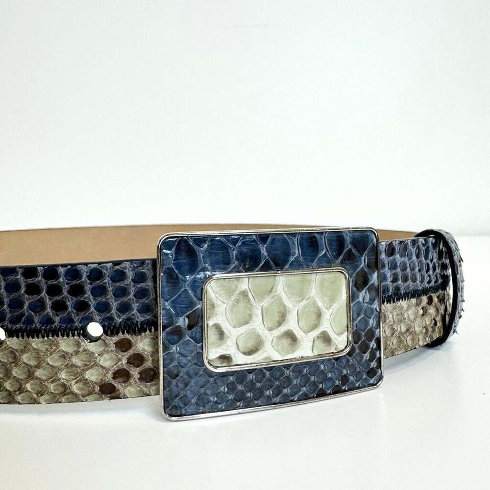 PRADA Two-Tone Python Snakeskin Belt 80/32 Leather Rectangle Plate Buckle Italy - Picture 2 of 5